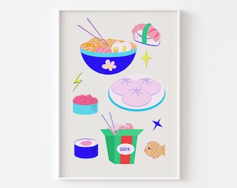 Sushi and Noodles Illustration Print - Friday Night