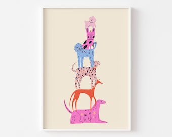 Fun Dog Illustration Print - Pile of Dogs