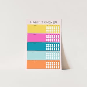 May include: A printable habit tracker with five sections for tracking habits. Each section has a space to write the habit name and a grid of circles for marking off days. The sections are colored yellow, pink, teal, light blue, and orange.