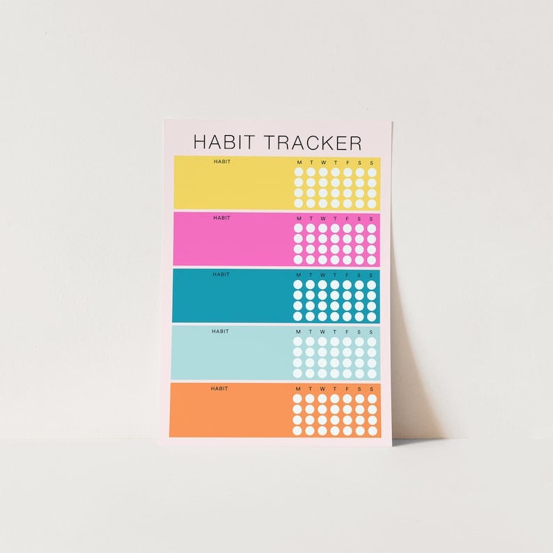 May include: A printable habit tracker with five sections for tracking habits. Each section has a space to write the habit name and a grid of circles for marking off days. The sections are colored yellow, pink, teal, light blue, and orange.