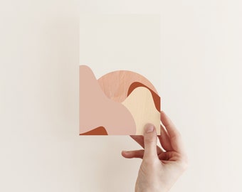 May include: Abstract art print with pink, brown, and beige shapes. The print features a wavy, organic design.