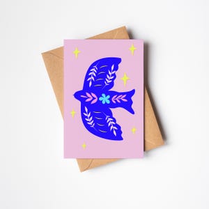 Biglietto d'auguri con illustrazione di uccelli folk - Blue Folk Bird