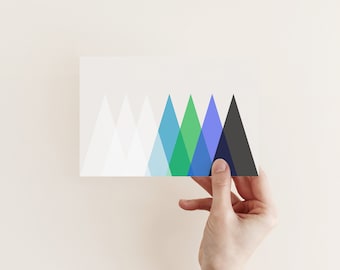 May include: A white card with a row of six colorful triangles, resembling a mountain range. The triangles are shades of blue, green, and black.