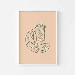 Impression dessin au trait chat en pêche et vert forêt