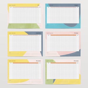 Peut inclure: Six feuilles de suivi des habitudes, de juillet &agrave; d&eacute;cembre. Chaque feuille comprend une grille pour suivre les habitudes, avec le nom du mois en haut. Les feuilles ont un design minimaliste avec des accents de couleurs pastel.