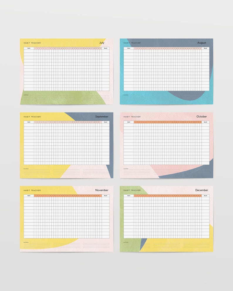 Peut inclure: Six feuilles de suivi des habitudes, de juillet &agrave; d&eacute;cembre. Chaque feuille comprend une grille pour suivre les habitudes, avec le nom du mois en haut. Les feuilles ont un design minimaliste avec des accents de couleurs pastel.