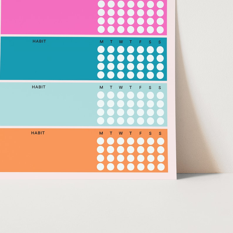May include: A printable habit tracker with four colored sections. Each section has a space for the habit name and a grid of circles for tracking progress. The days of the week are labeled M, T, W, T, F, S, S.
