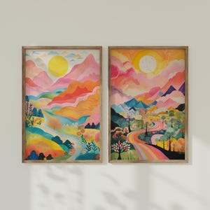 Bunte Landschaftsmalerei Kunst 2er Set Wand Kunst Drucke, lustige Bunte Natur Drucke für Kinder