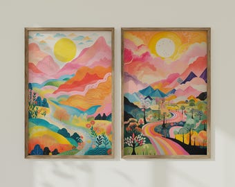 Colourful Landscape Painting Art Set of 2 Wall Art Prints, Fun Colourful Nature Prints for Kids