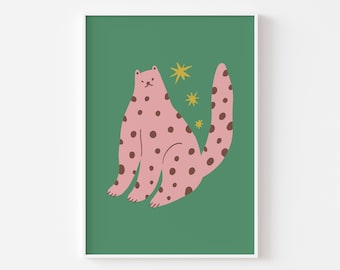 Cute Star Struck Cat Wall Art Print in Green and Pink