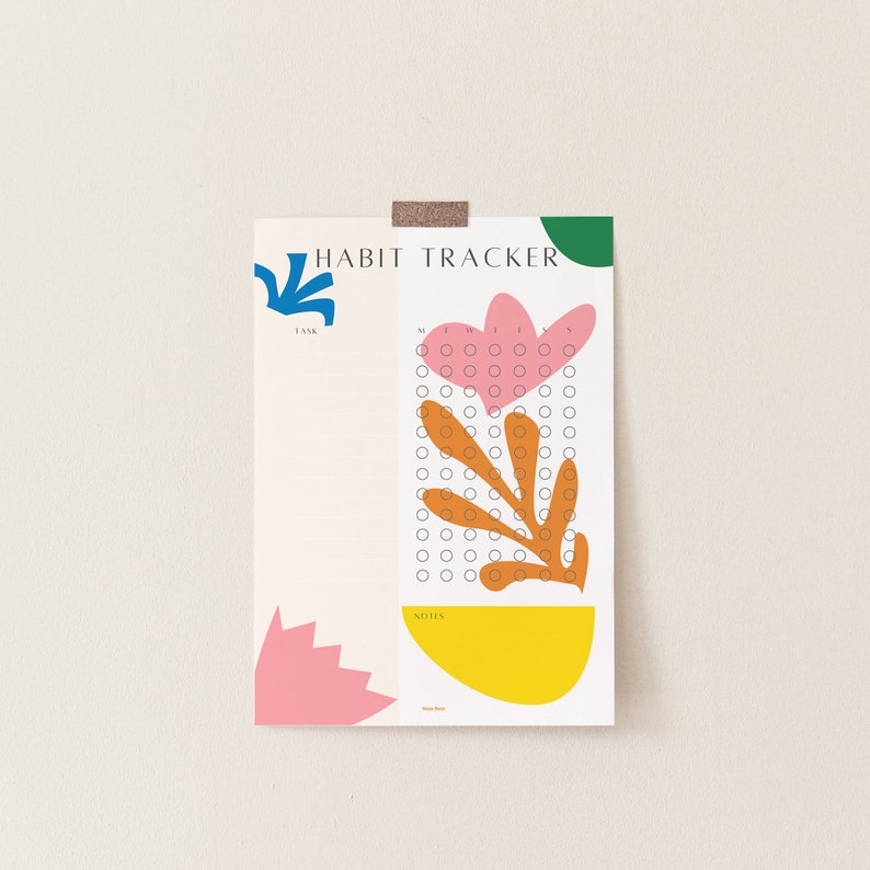 May include: A white printable habit tracker with a pink, orange, and green floral design. The tracker has a section for a task, a grid of circles for tracking habits, and a notes section.