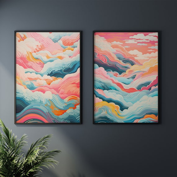 Cloud Painting Art Set of 2 Wall Art Prints, Fun Colourful