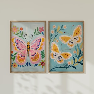 Bunter Schmetterling Malerei Kunst 2er-Set Wandkunst Drucke, lustige bunte Naturdrucke für Kinder