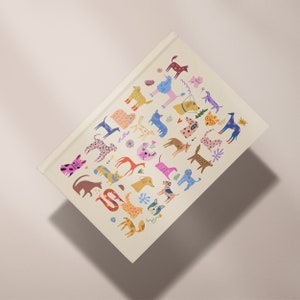 May include: A white notebook cover with a colorful illustration of various dogs in different poses and patterns. The dogs are depicted in a playful and whimsical style, with bright colors and bold outlines.