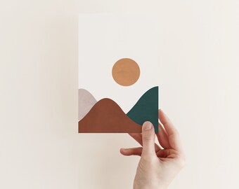 Mountain Greetings Card, Landscape Card - Gold Sun