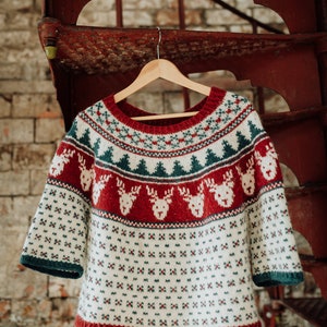 Könnte beinhalten: Ein weißer, roter und grüner Strickpullover mit einem Rentiermuster. Der Pullover hängt an einem Holzbügel.