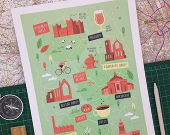 Yorkshire map, Yorkshire illustrated map, Yorkshire art, Yorkshire graphic poster, Yorkshire illustration, Yorkshire print