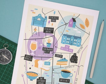 Mappa di Stirchley, mappa illustrata di Stirchley, arte di Birmingham, poster della mappa della città, poster grafico di Birmingham, illustrazione della mappa