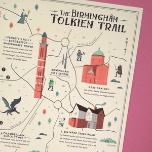 Birmingham Tolkien Trail Illustrated map, Tolkien, Lord of the Rings, The Hobbit, Fantasy Map image 3