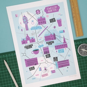 Schmuck Viertel Karte, Schmuck Viertel illustriert Karte, Birmingham Kunst, Stadt Karte Plakat, Birmingham Illustration