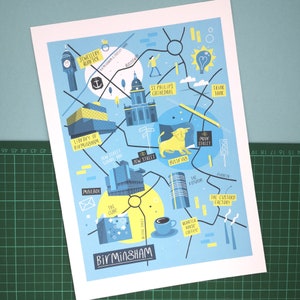 Birmingham Karte blau, Birmingham illustriert E-Karte, Birmingham Kunst, Stadtkarte Plakat, Birmingham Grafik-Plakat, Birmingham Illustration