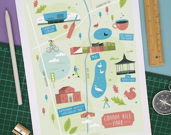 Cannon Hill Park, Birmingham illustrated map print