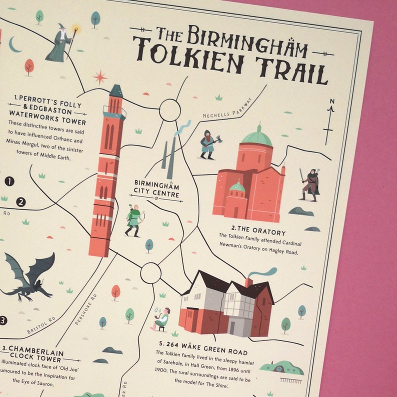 Birmingham Tolkien Trail Illustrated map, Tolkien, Lord of the Rings, The Hobbit, Fantasy Map image 3