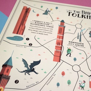 Birmingham Tolkien Trail Illustrated map, Tolkien, Lord of the Rings, The Hobbit, Fantasy Map image 5