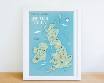 British Isles Map, Myths and Legends of the British Isles Illustrated Map, Great Britain Map, UK Illustrated Map, British Map, Fantasy Map