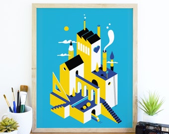 3D isometric illustrated print, Birmingham, Powerhouse, Creative City