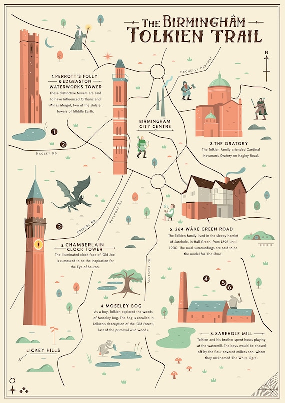 Birmingham Tolkien Trail Mapa ilustrado Tolkien El Señor de | Etsy