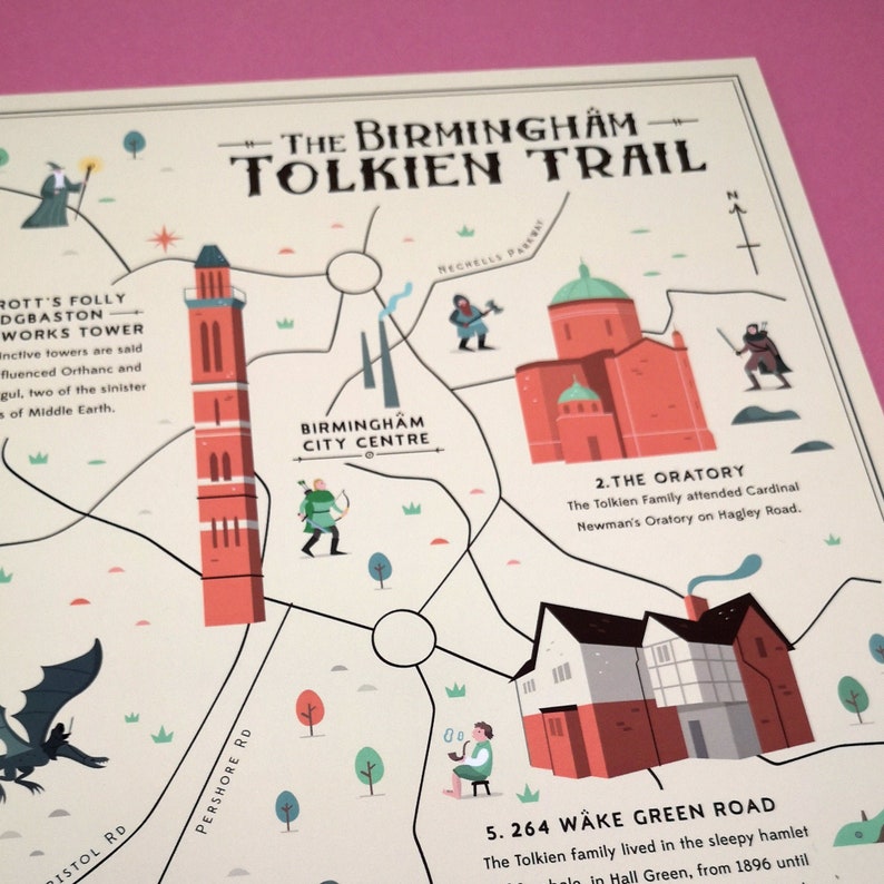 Birmingham Tolkien Trail Illustrated map, Tolkien, Lord of the Rings, The Hobbit, Fantasy Map image 4