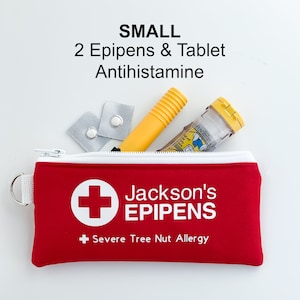 Rode allergietas klaar voor noodgevallen – gepersonaliseerd voor veiligheid (epiPens, epinefrine, auvi-q, antihistaminica, auto-injector) – geïsoleerd afbeelding 2