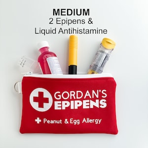 Rode allergietas klaar voor noodgevallen – gepersonaliseerd voor veiligheid (epiPens, epinefrine, auvi-q, antihistaminica, auto-injector) – geïsoleerd afbeelding 3