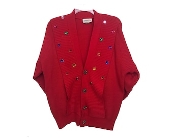 80s Red Sweater Cardigan With Stones