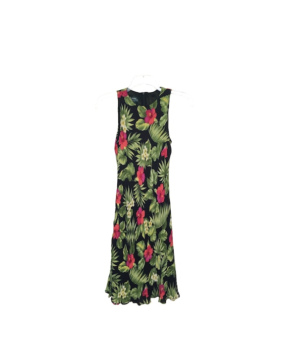 90s Silk Crepe Sleeveless Dress Floral Print