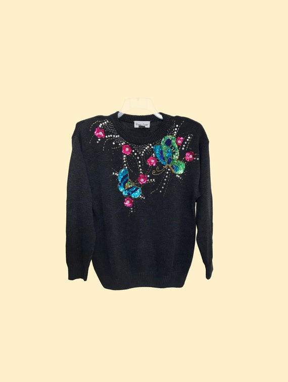 Black Knit Sequin Sweater - image 2