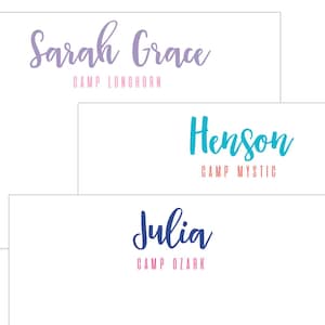 May include: Three blank stationery cards with different names and camp names printed on each. The names are Sarah Grace, Henson, and Julia. The camp names are Camp Longhorn, Camp Mystic, and Camp Ozark.