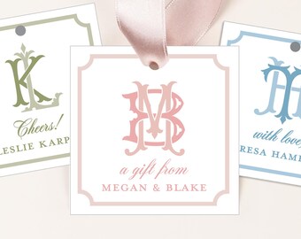 Square 2 Letter Monogram Gift Tags | Set of 24 | Pink, Blue or Green