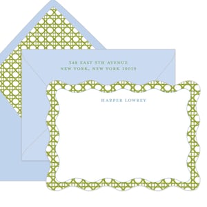 May include: A7 flat stationery set featuring a light blue envelope and a matching card with a decorative green and white border. The envelope's interior has a green and white pattern. The card includes the text "Harper Lowrey".
