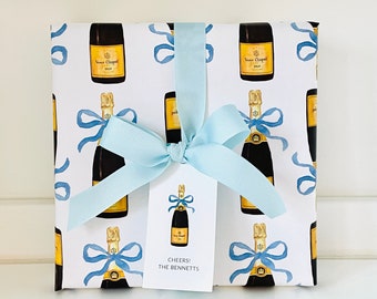 Wrapping Paper • Champagne with Blue Ribbon  • 4 Flat Sheets • 20" x 29"
