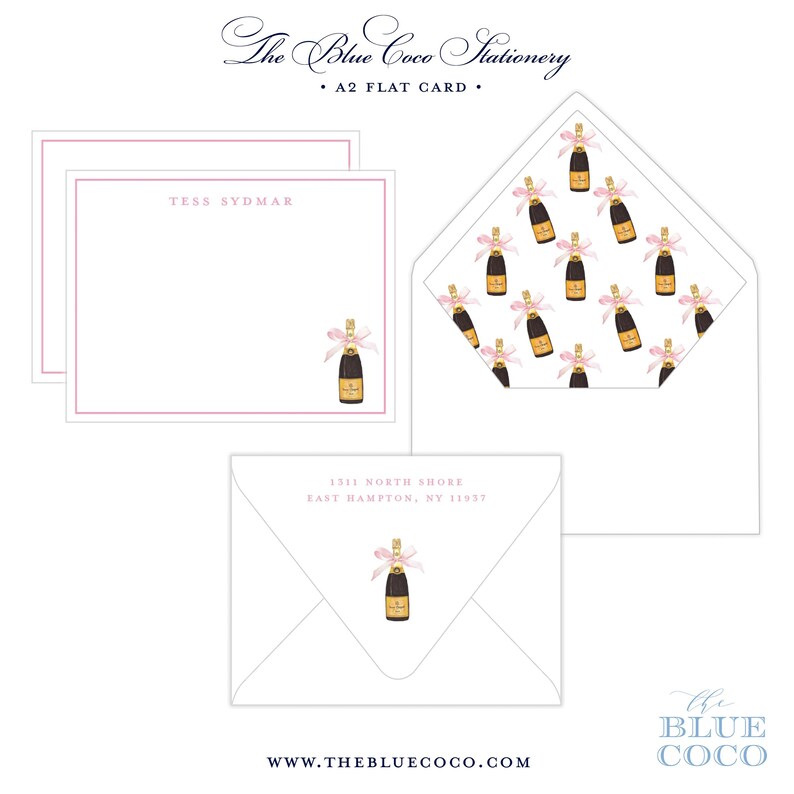 Champagne With Pink Bow Stationery • Flat Card • Set of 10 - Etsy