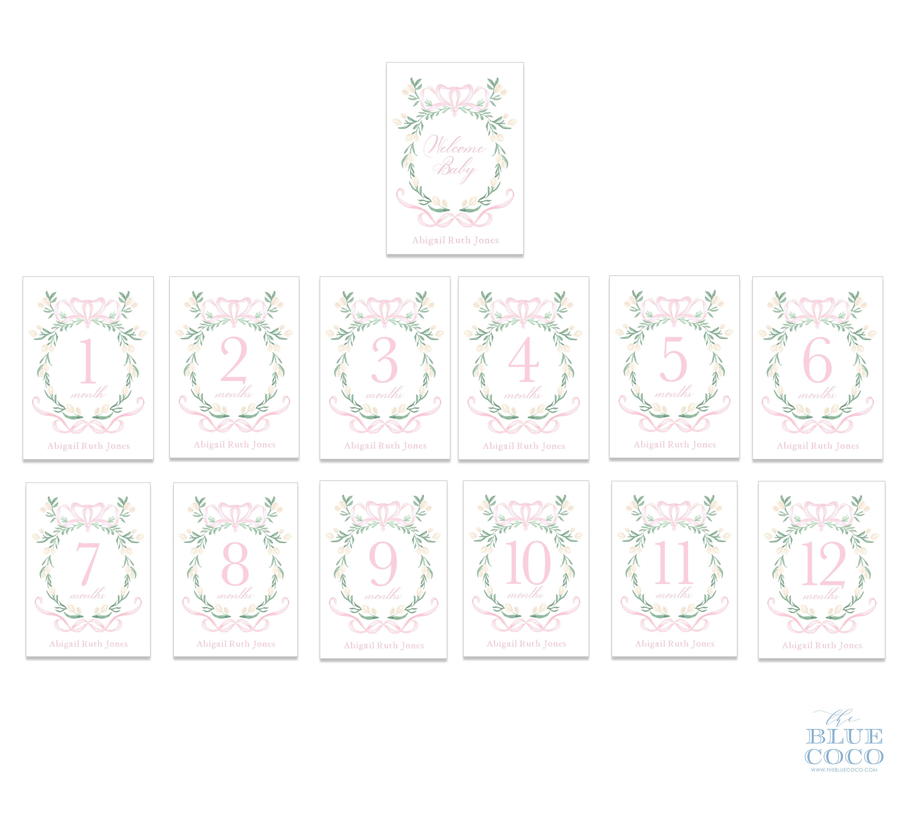 Watercolor Crest Baby Milestone Cards | Pink and White - Etsy