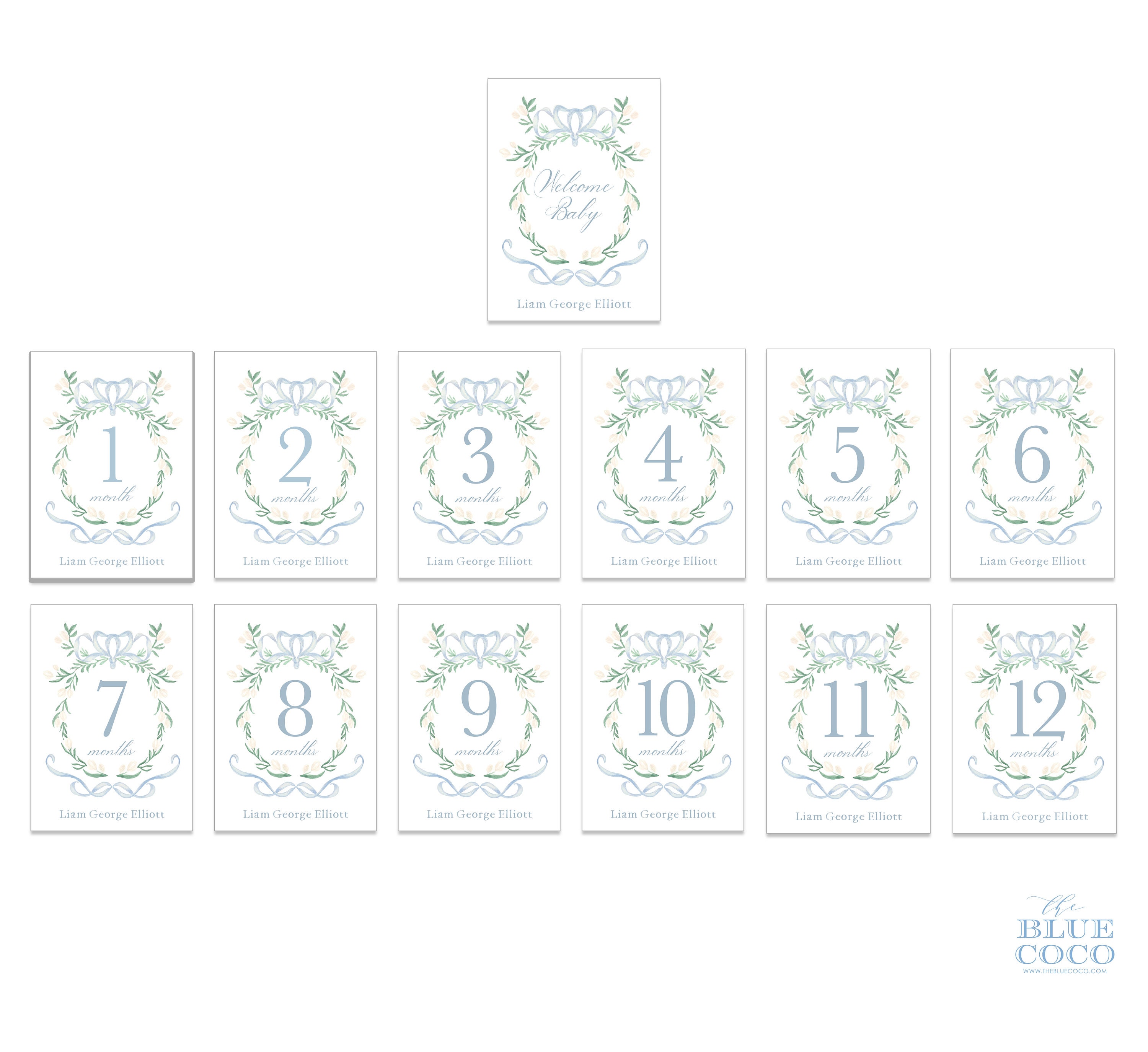 Watercolor Crest Baby Milestone Cards | Blue and White - Etsy