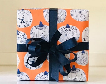 Wrapping Paper • Blue & White Chinoiserie Pumpkin  • 4 Flat Sheets • 20" x 29"