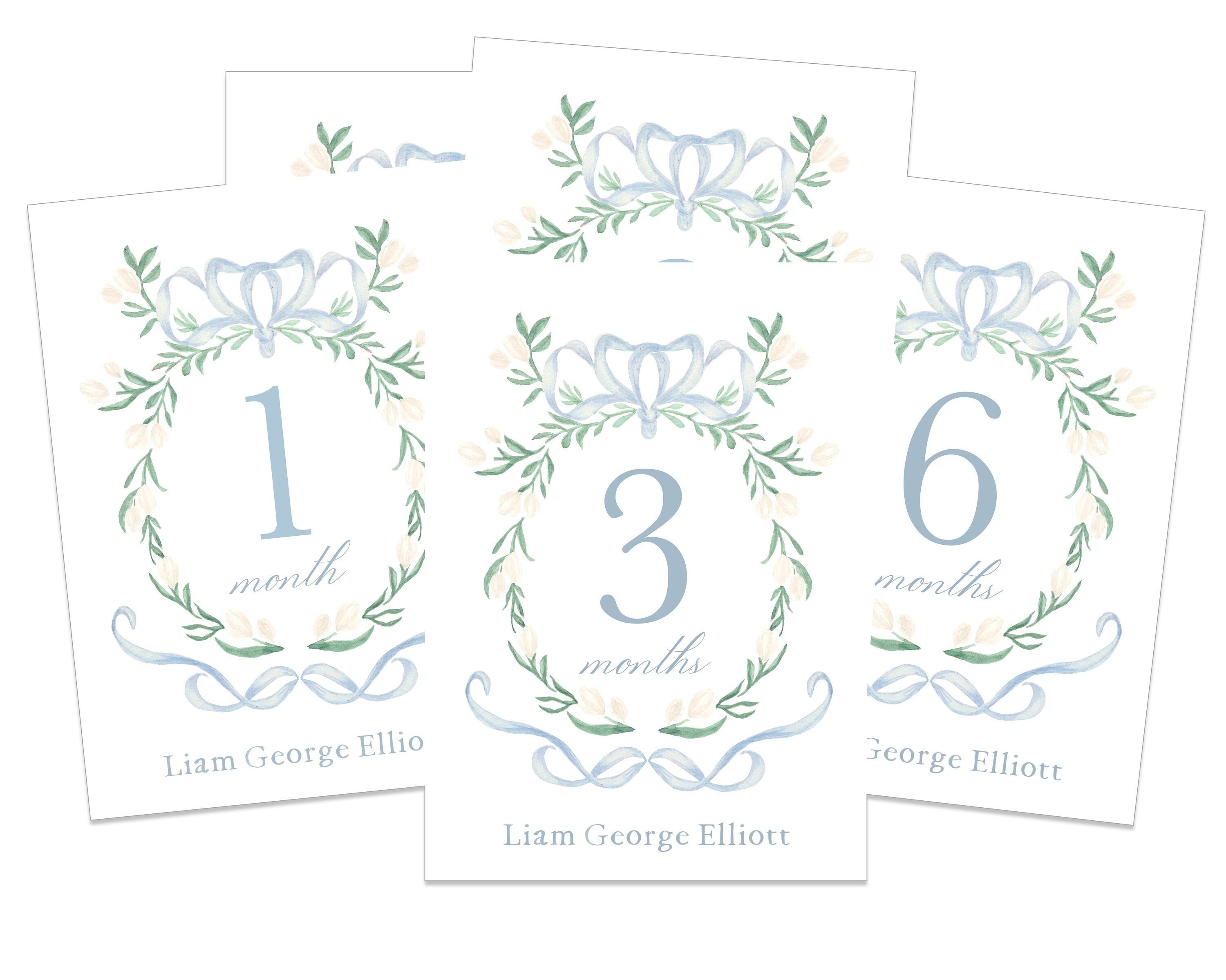 Watercolor Crest Baby Milestone Cards | Blue and White - Etsy