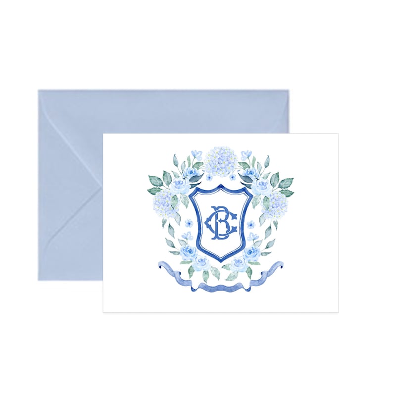 Blue Floral Crest Stationery  Folded Stationery  Set of 10 image 0