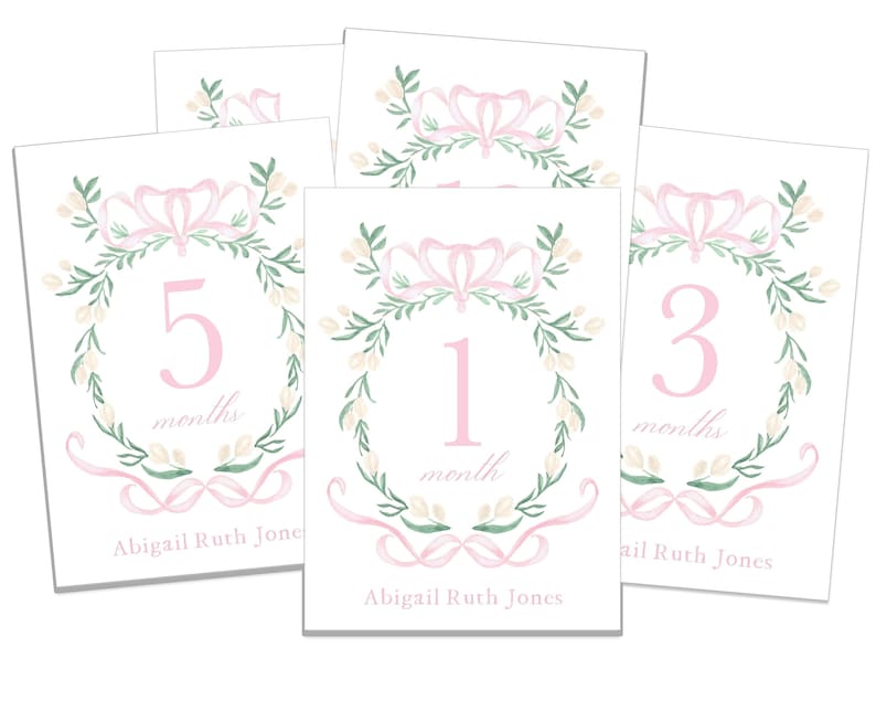 Watercolor Crest Baby Milestone Cards | Pink and White - Etsy
