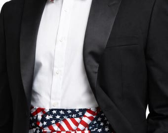 Conjunto de faja y pajarita de esmoquin con bandera estadounidense, ropa formal patriótica para hombre, para festividades.
