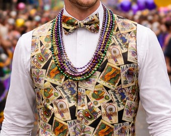 Plakaty Mardi Gras, kamizelka smokingowa i muszka – żywe, formalne stroje na przyjęcia i prezenty